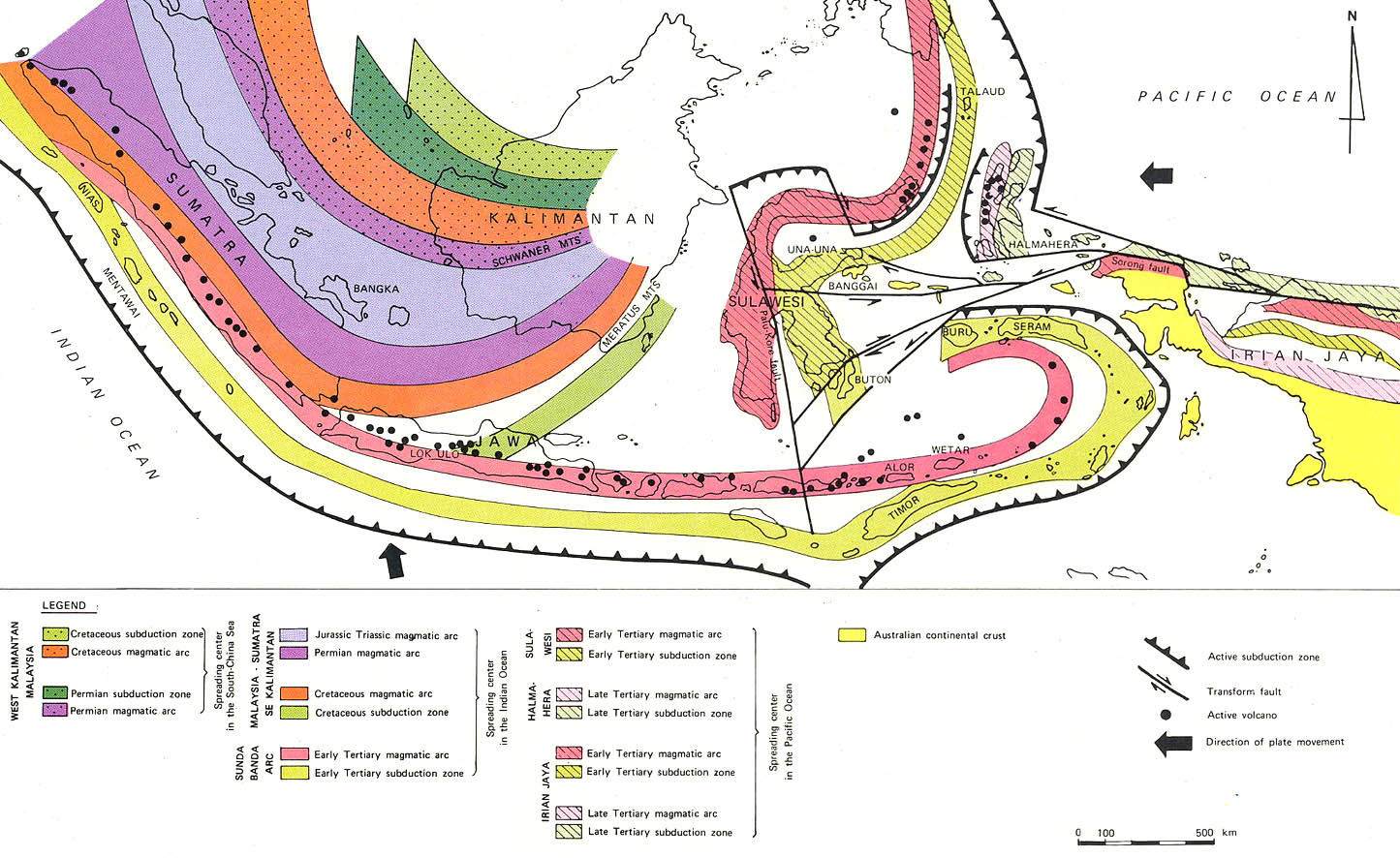 Permian- Recent magmatic arcs/ subduction zones Indonesian Archipelago (Katili 1974).