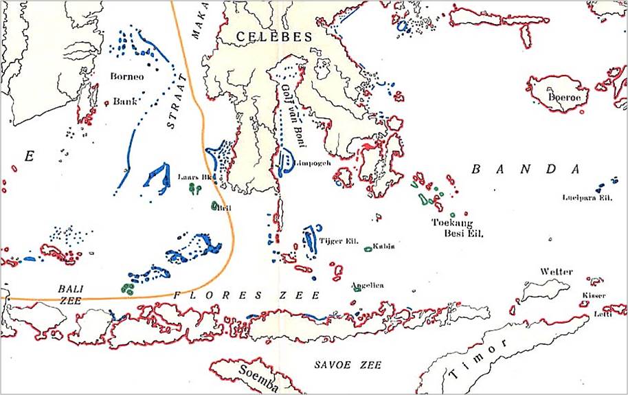 Detail of Molengraaff (1922) map of modern distribution of coral reefs, all formed as response to recent sea level rise. Red = fringing reefs, Blue = barrier reefs and atolls.
